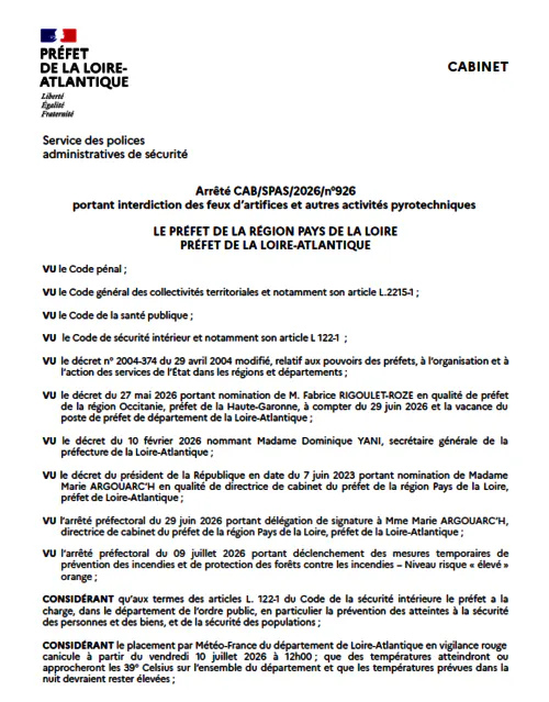 Arrêté d'interdiction des feux d’artifices et autres activités pyrotechniques