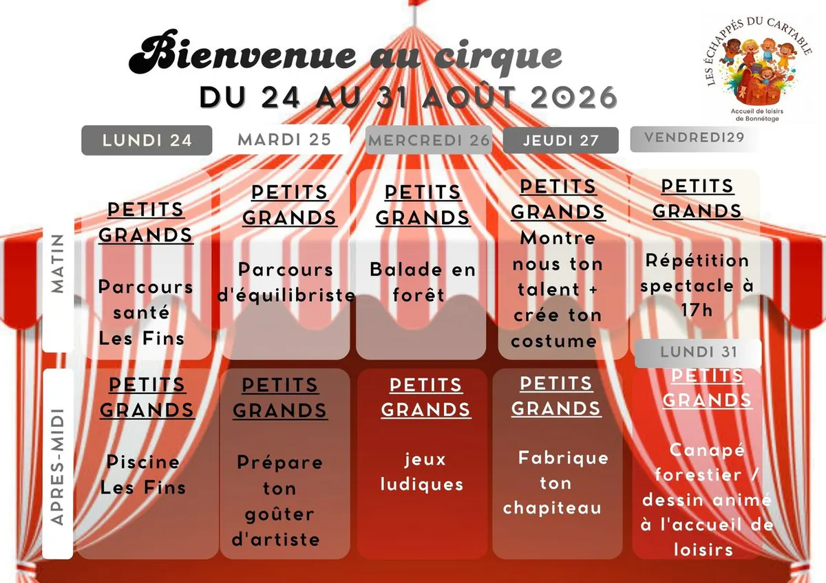 🎪 Planning accueil de loisirs du 24 au 28 août  🎭