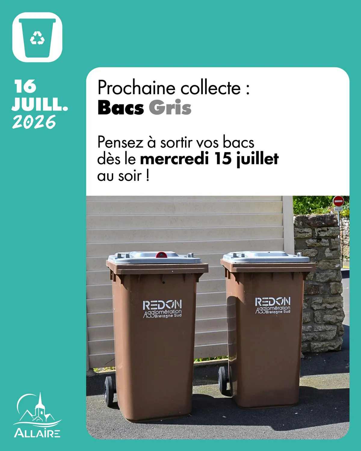 Collecte des ordures ménagères le 16 juillet