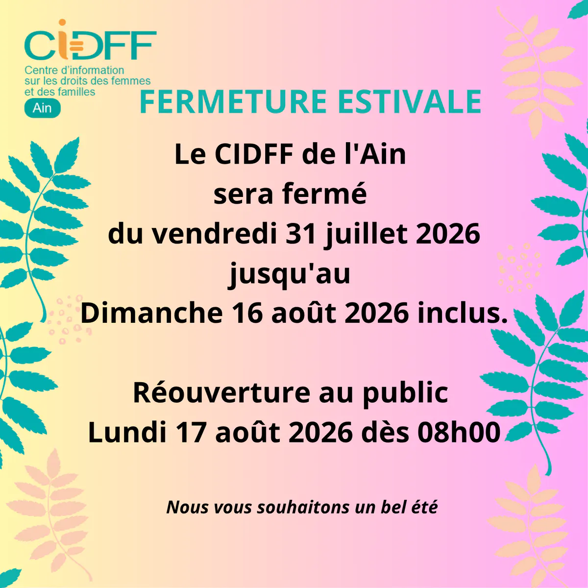 Fermeture estivale du CIDFF de l'Ain - Actualités