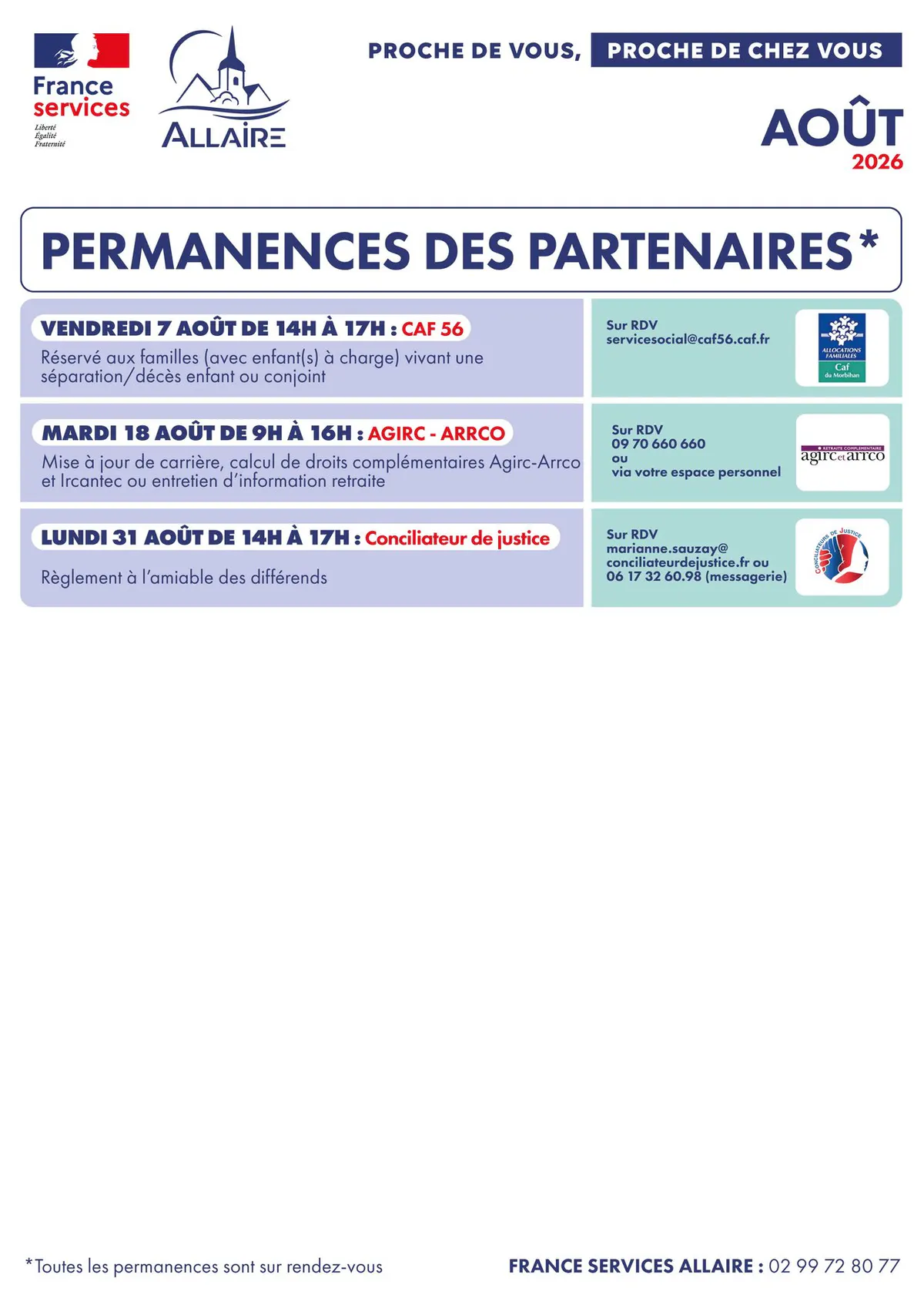Août 2026 : Planning des permanences des partenaires de la France Services