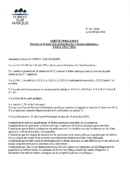 Arrêté permanent portant sur la lutte et la destruction des "frelons asiatiques" VESPA VELUTINA