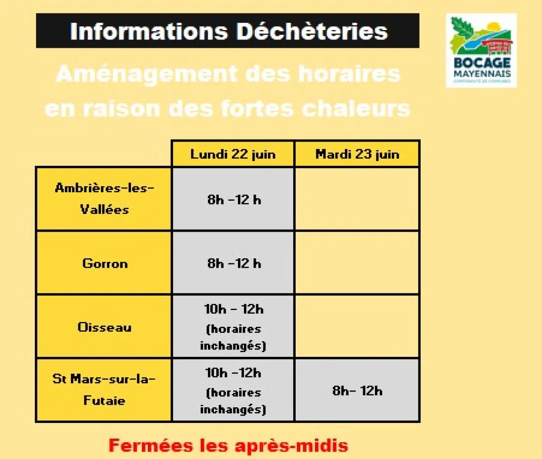 Actualités - Aménagement des horaires des déchèteries en raison de la canicule - Châtillon sur Colmont
