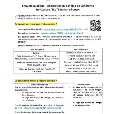 ENQUÊTE PUBLIQUE - Elaboration du Schéma de Cohérence Territoriale (SCoT) de Serre-Ponçon