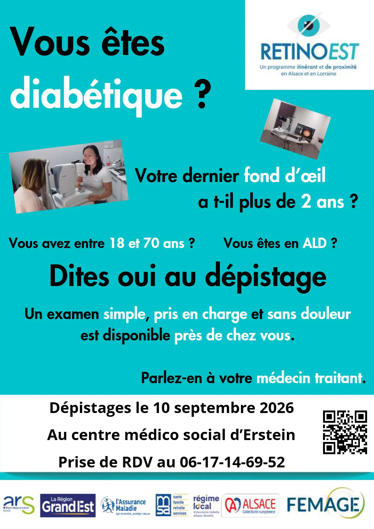 📅 Dépistage itinérant de la rétinopathie diabétique : jeudi 10 septembre 2026 à Erstein 👀