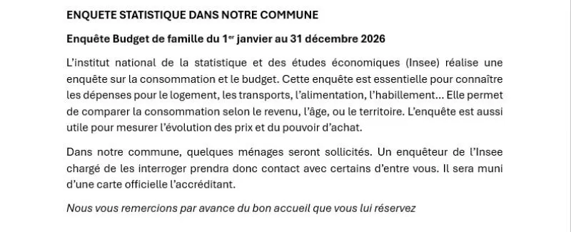 INSEE - ENQUETE BUDGET FAMILLE DU 1er JANVIER AU 31 DECEMBRE 2026
