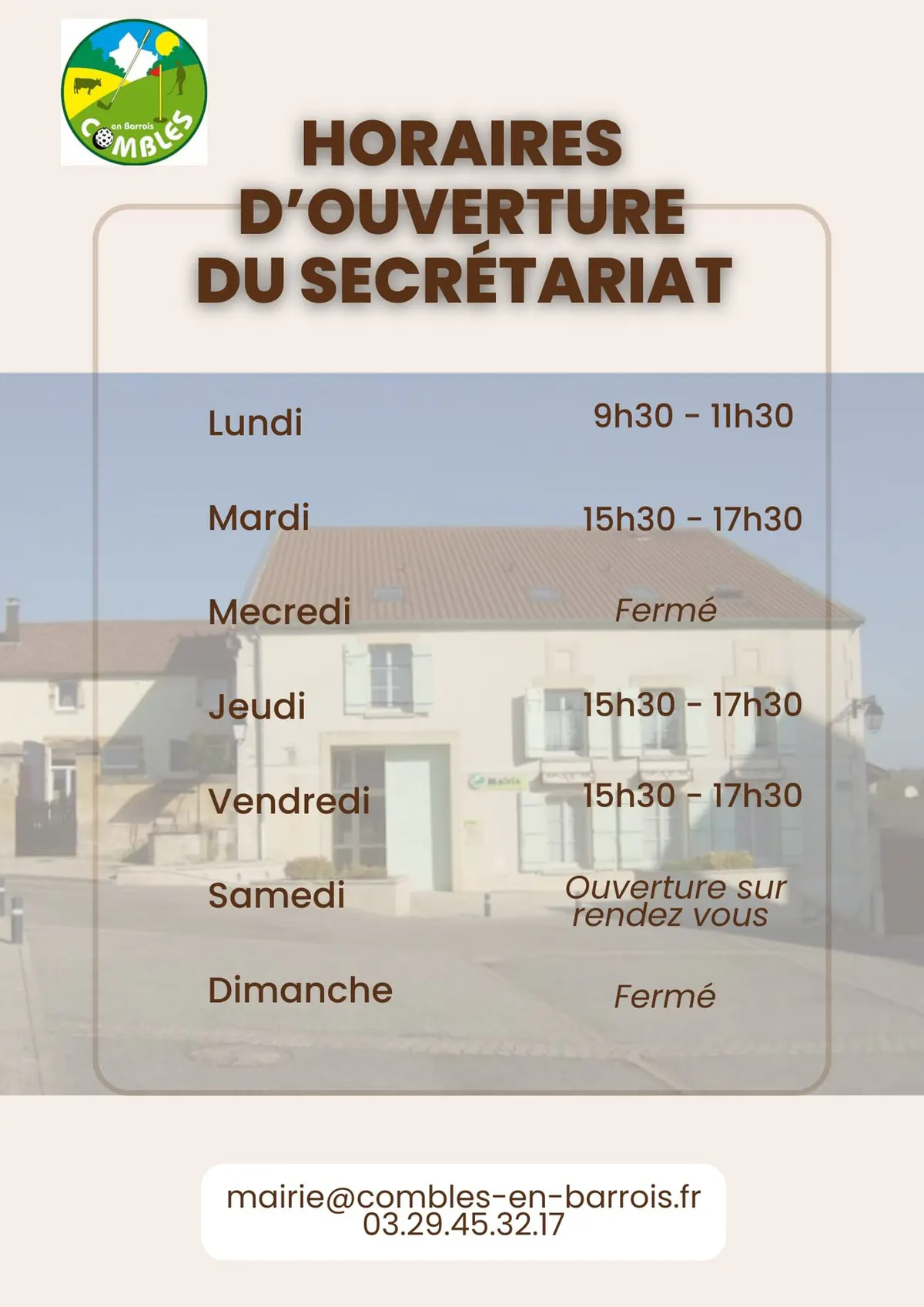 Horaires du secrétariat et des permanences des élus.