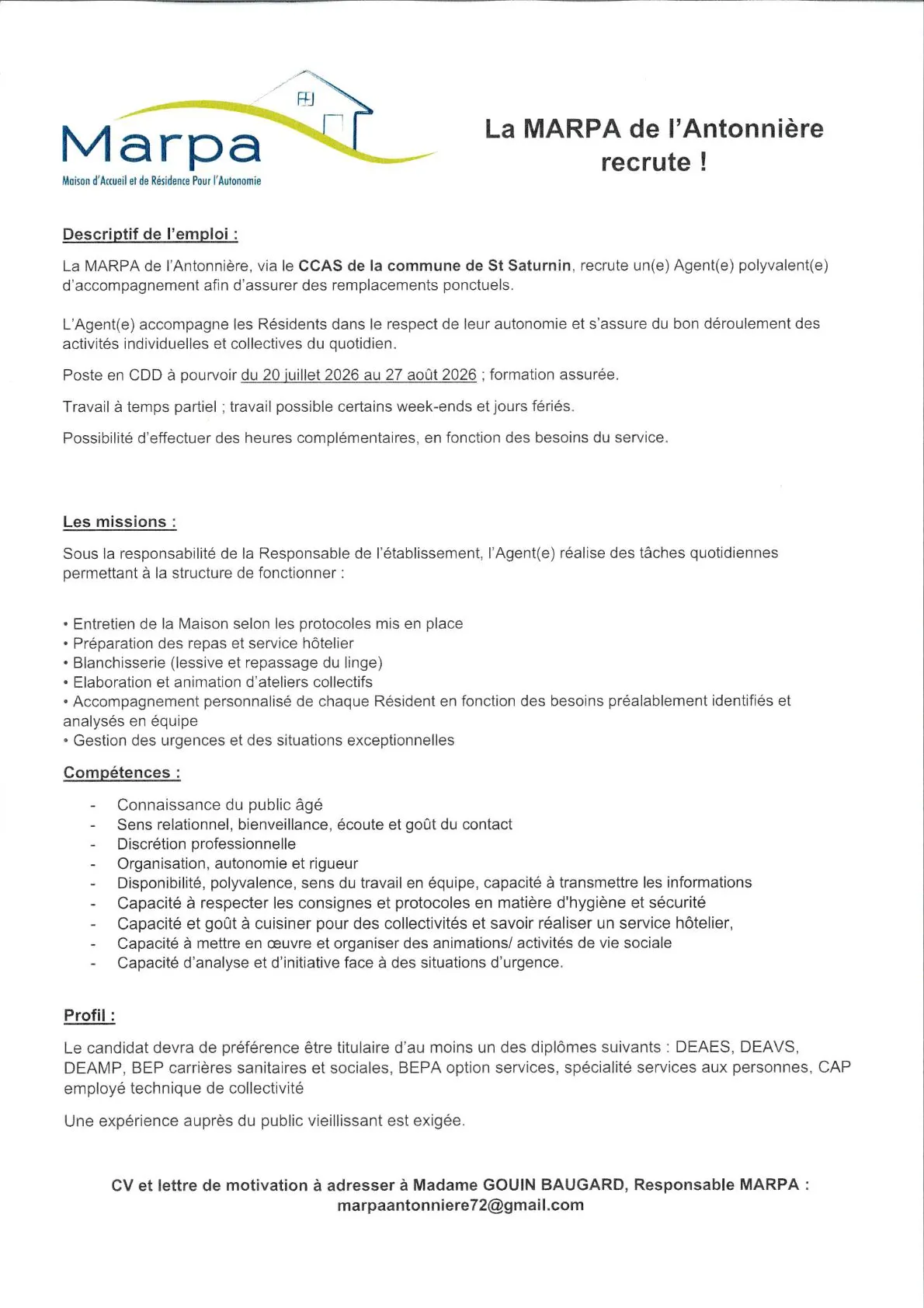 La MARPA de l'Antonnière recrute!