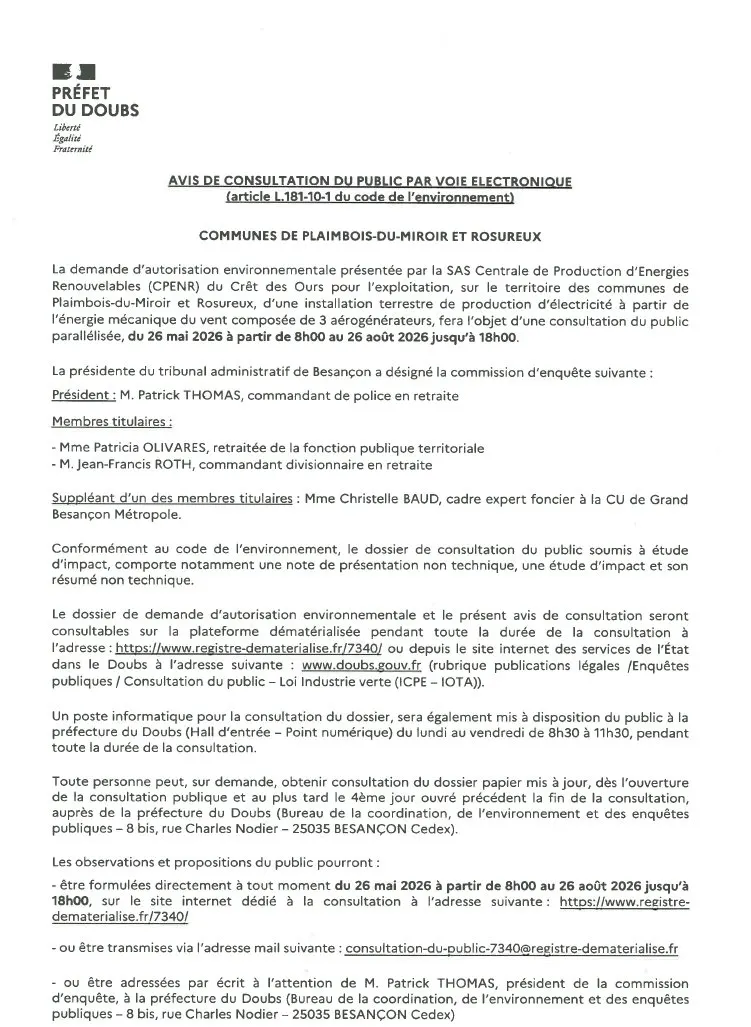 ℹ️ Consultation publique – Projet éolien du Crêt des Ours