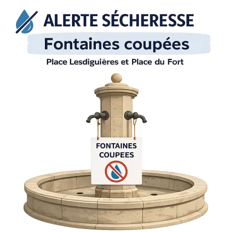 Mise à l'arrêt temporaire des fontaines place Lesdiguières et place du Fort