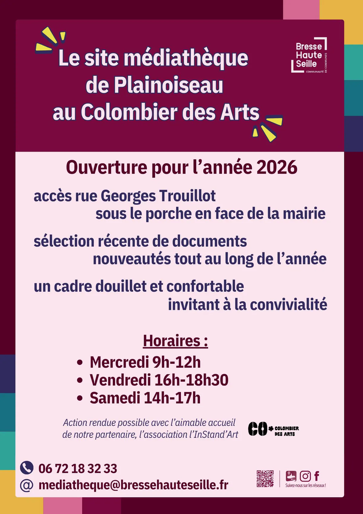 Changement des horaires d'ouverture de la médiathèque au Colombier des Arts (Plainoiseau)