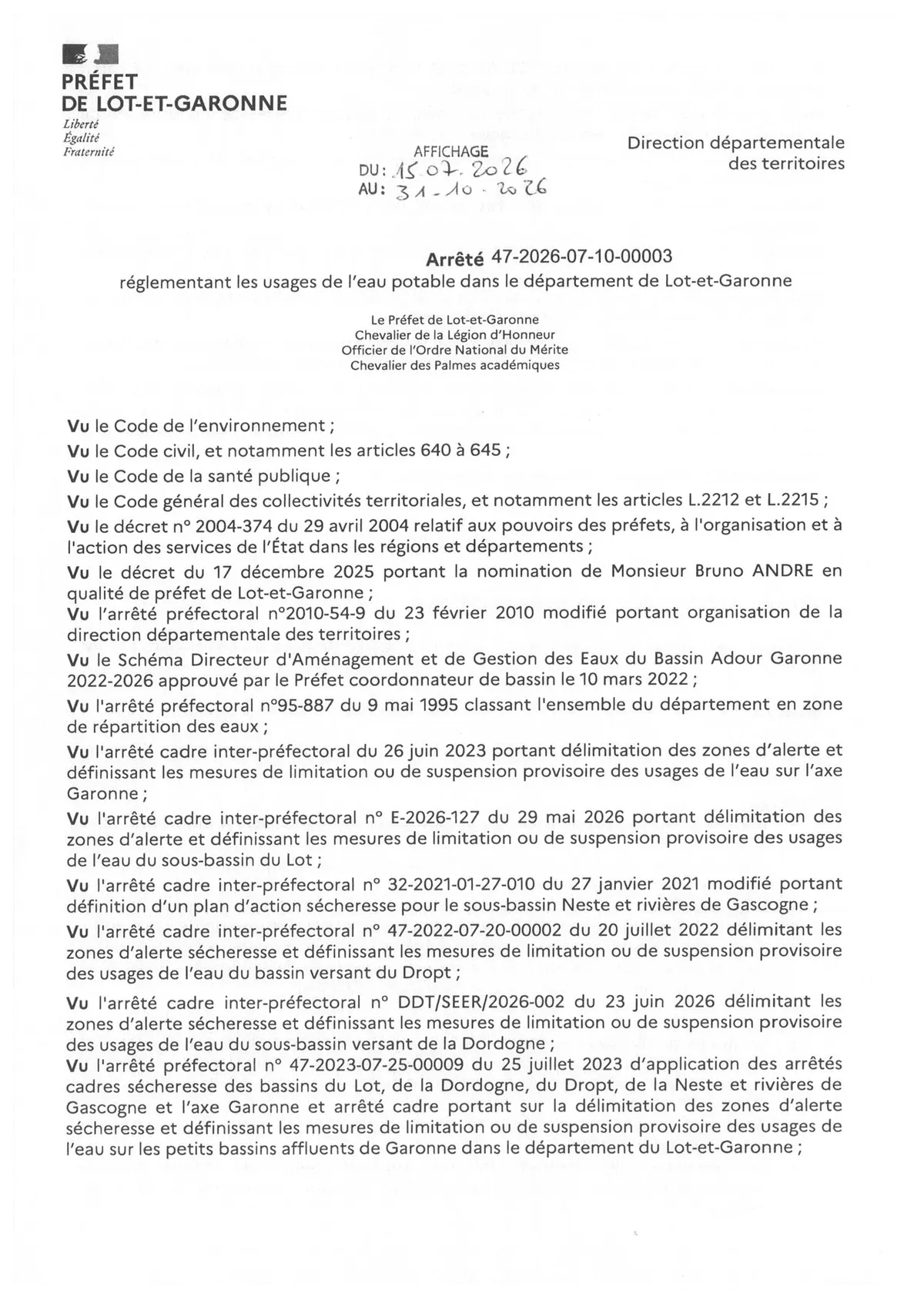 Arrêté réglementant les usages de l'eau potable dans le département du Lot Et Garonne