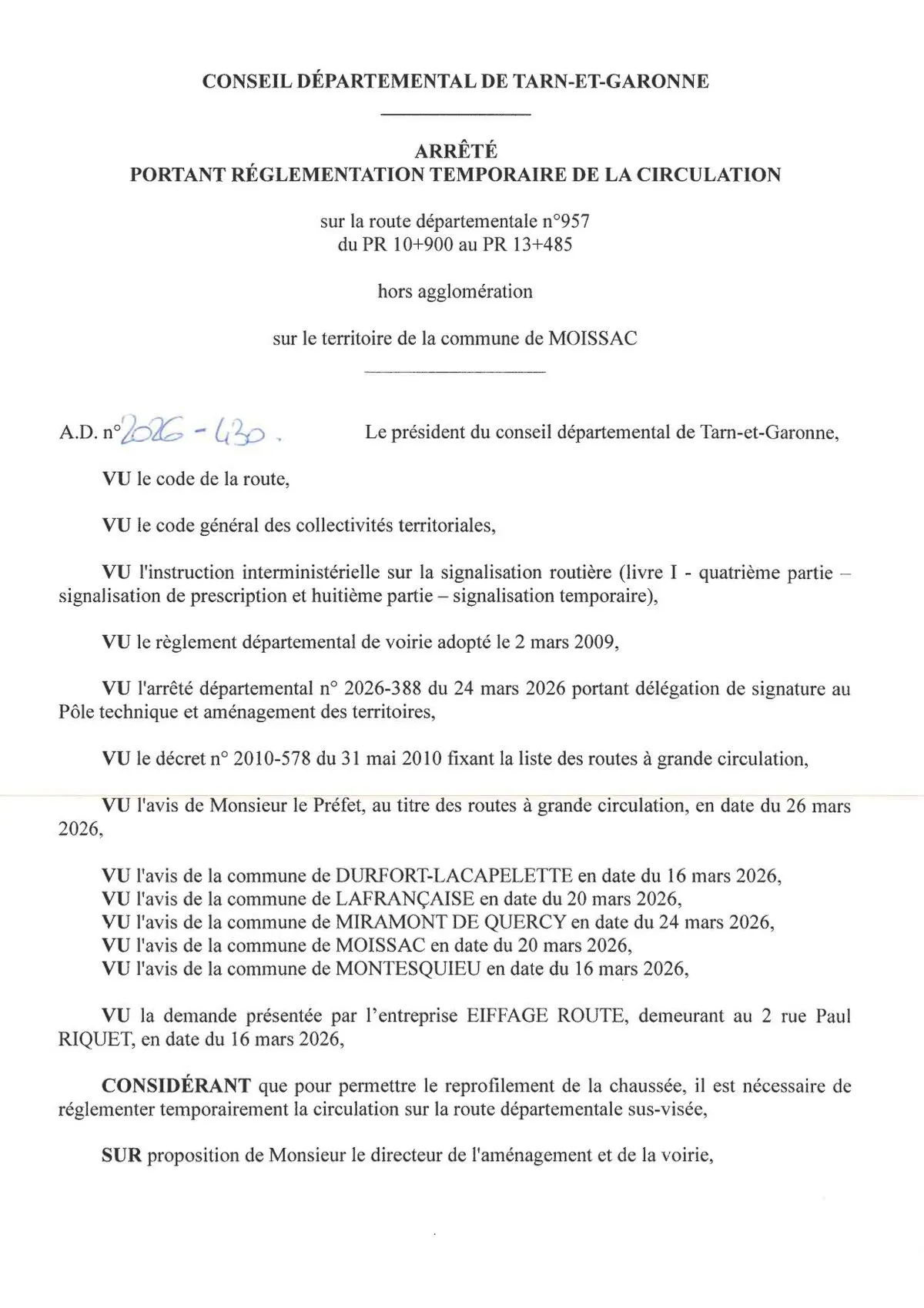 Arrêté portant règlementation temporaire de la circulation