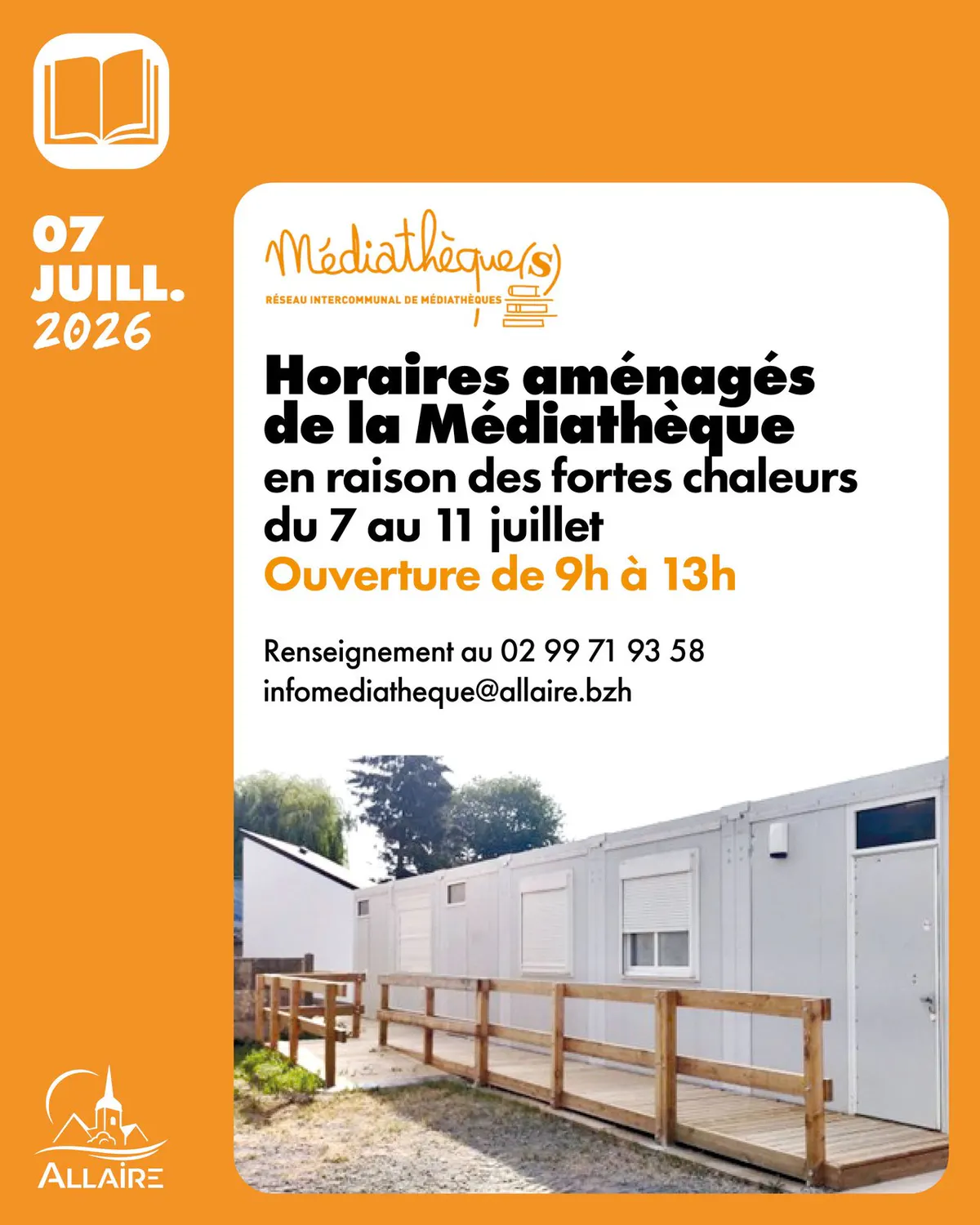 Horaires de la médiathèque modifiés cette semaine