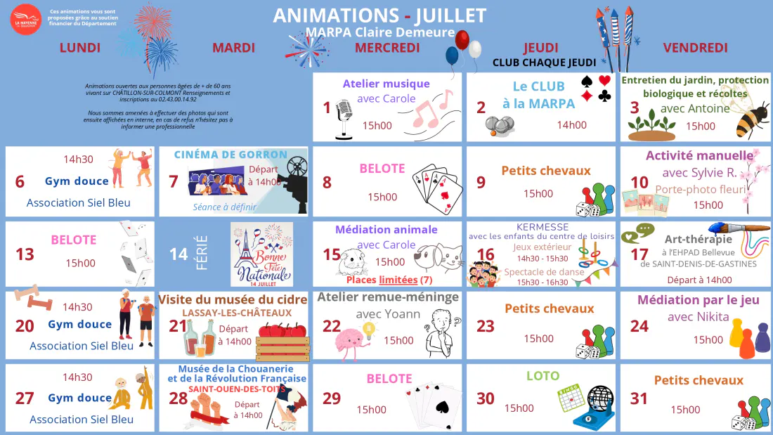 Actualités - Animations Juilllet, MARPA Claire Demeure - Châtillon sur Colmont