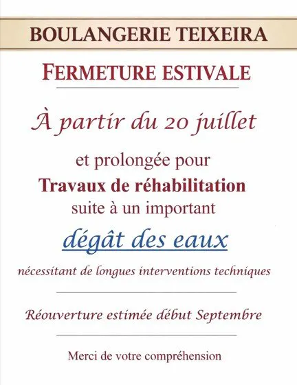 Boulangerie TEIXEIRA | Fermeture estivale jusqu'à début septembre