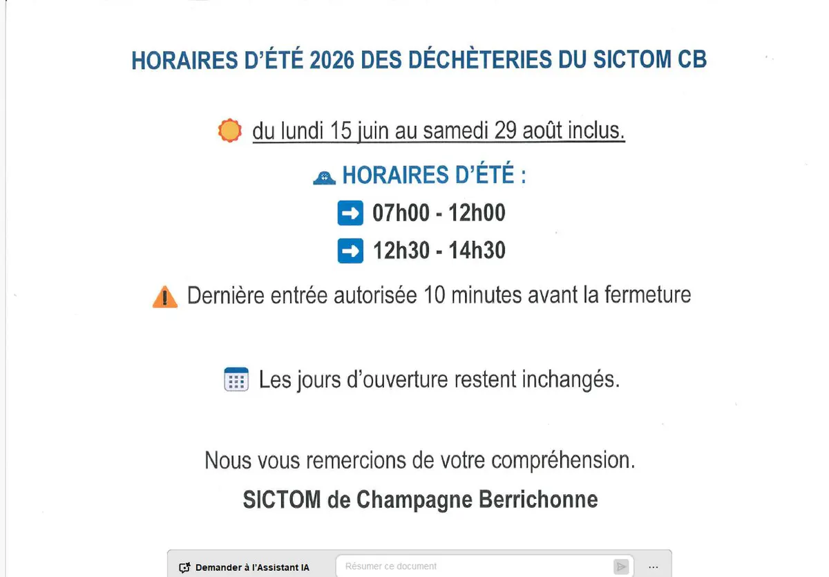 Horaires d'été 2026 déchèteries du SICTOM