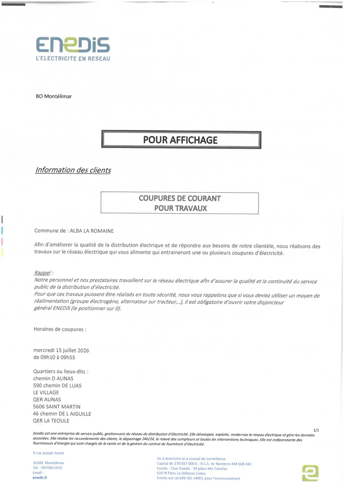Coupure de courant le 15 juillet