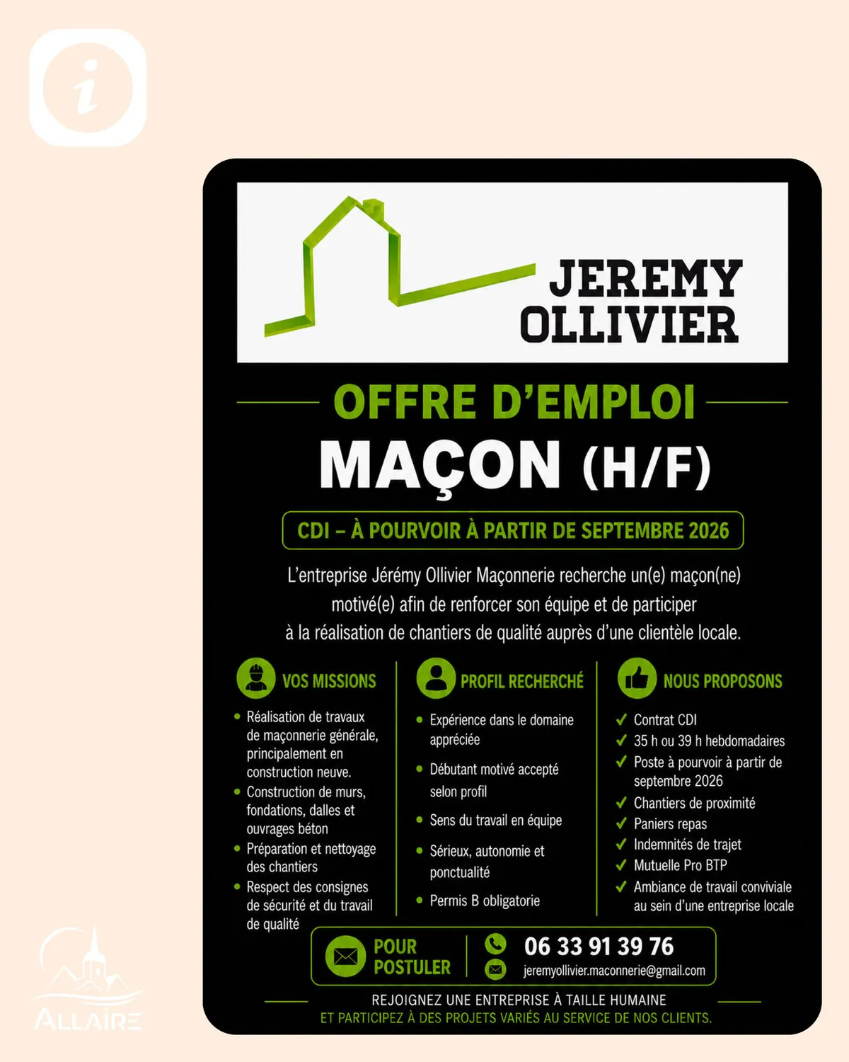 Offre d’emploi d’une entreprise Allairienne : Jérémy Ollivier Maçonnerie