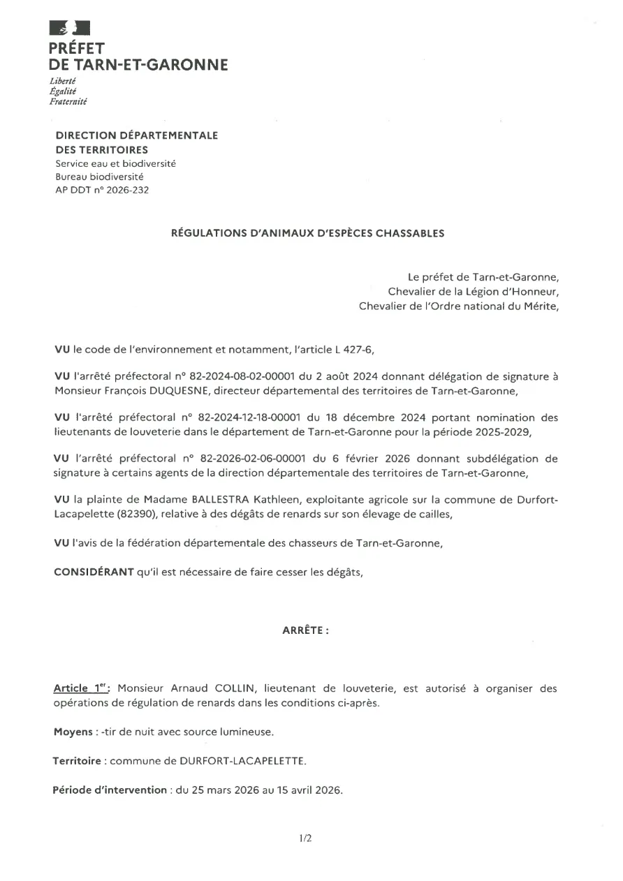 Arrêté de régulation de renards