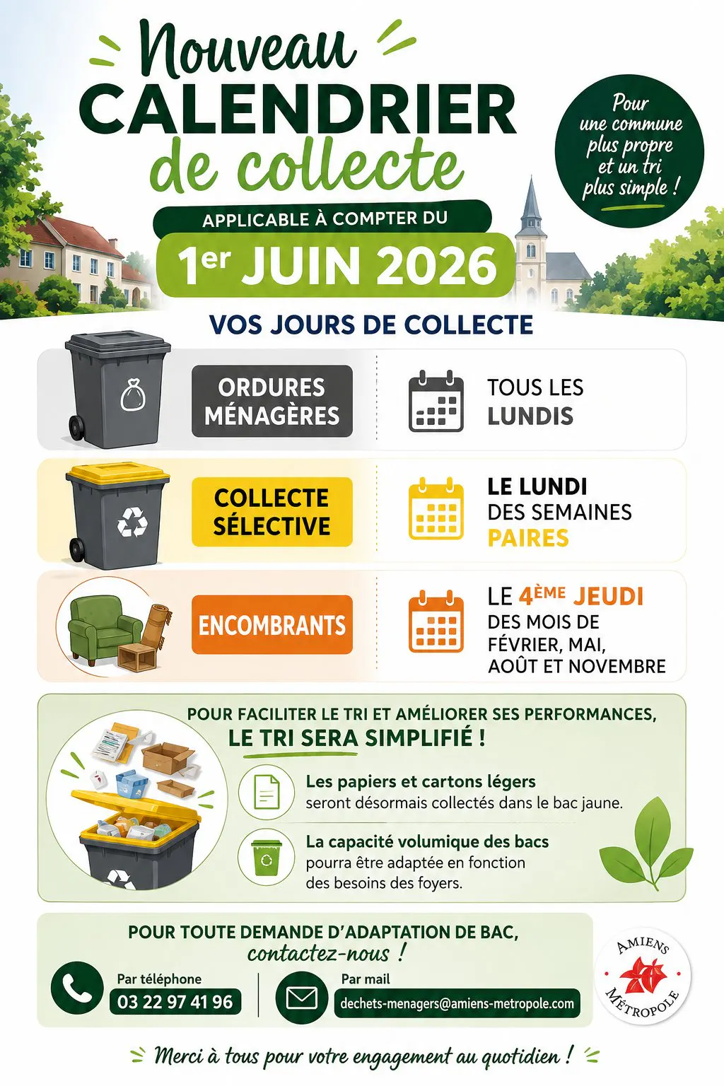 ♻️ NOUVEAU CALENDRIER DE COLLECTE À COMPTER DU 1er JUIN 2026 ♻️