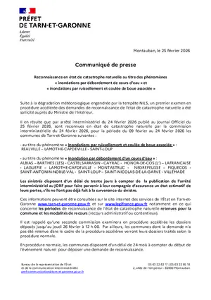 Communiqué > Tempête Nils : 16 communes de Tarn-et-Garonne reconnues en état de catastrophe naturelle
