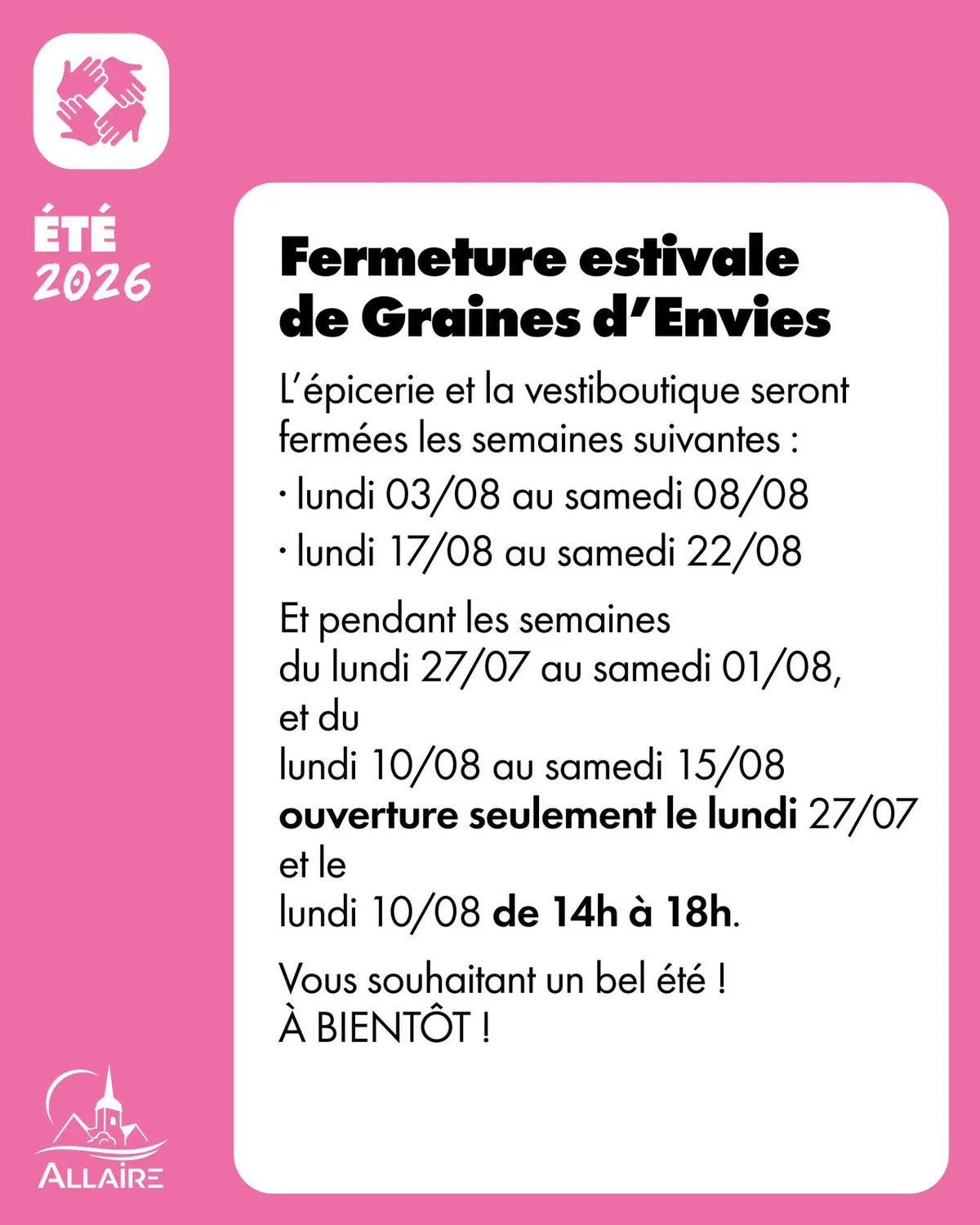 Fermeture estivale de Graines d’Envies