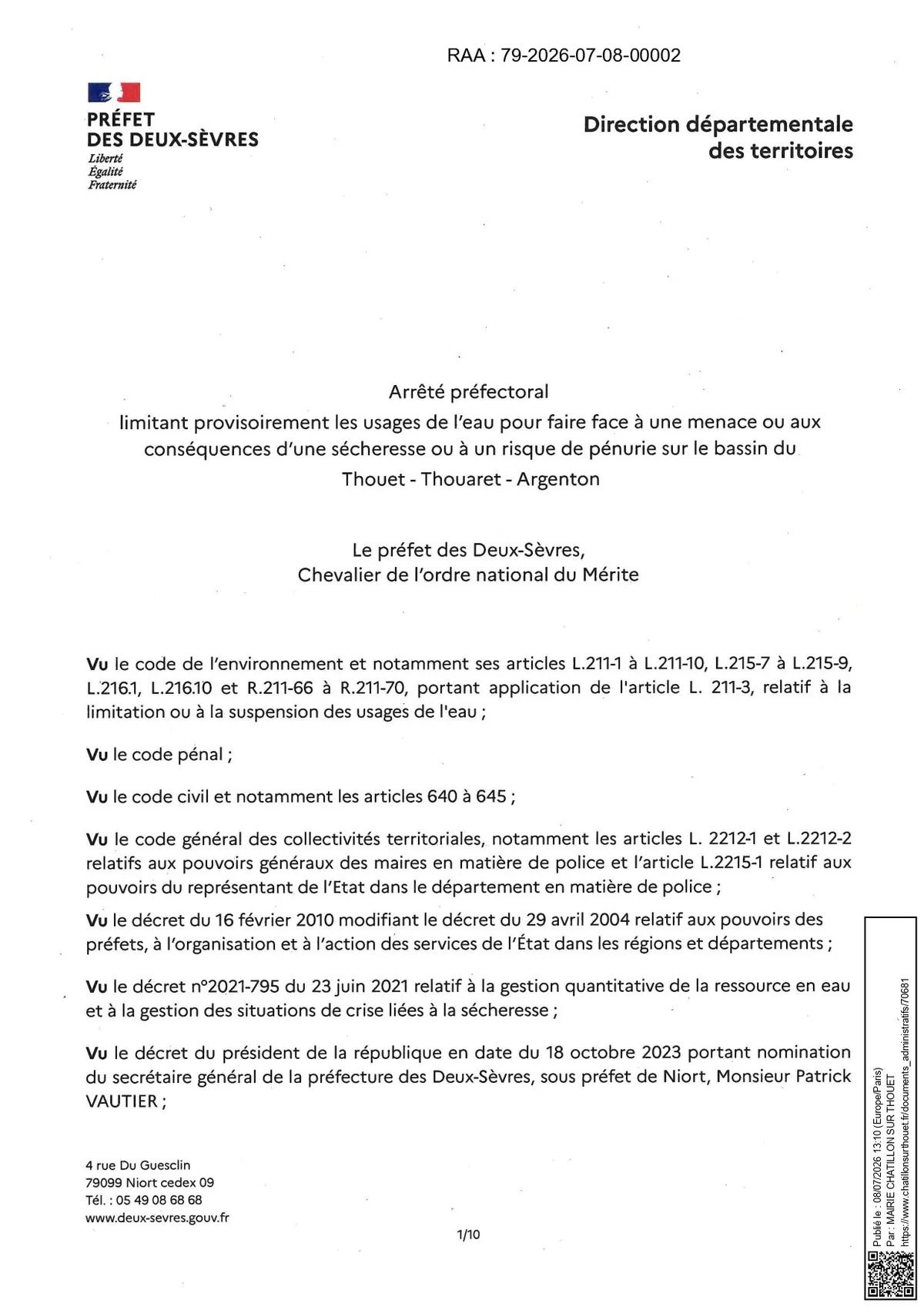 🚨💧 SÉCHERESSE – Niveau de restriction : CRISE