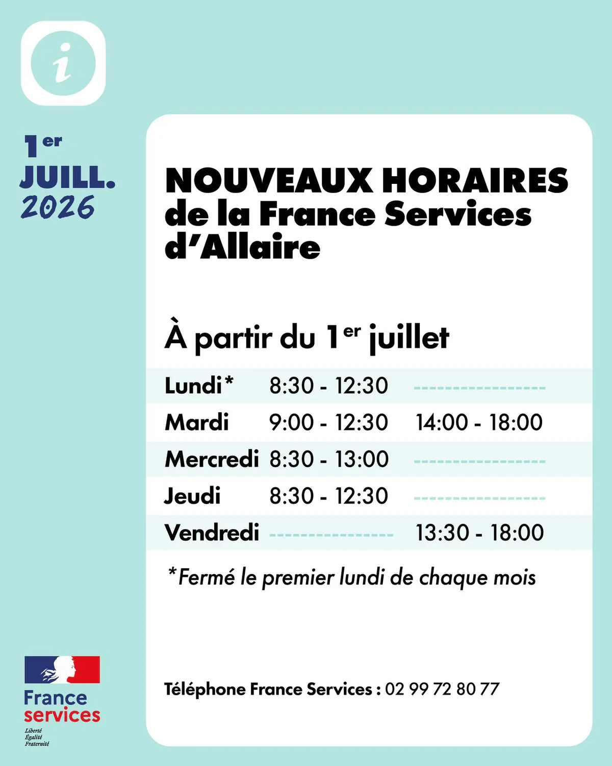 Nouveaux horaires de la France Services à partir du 1er juillet
