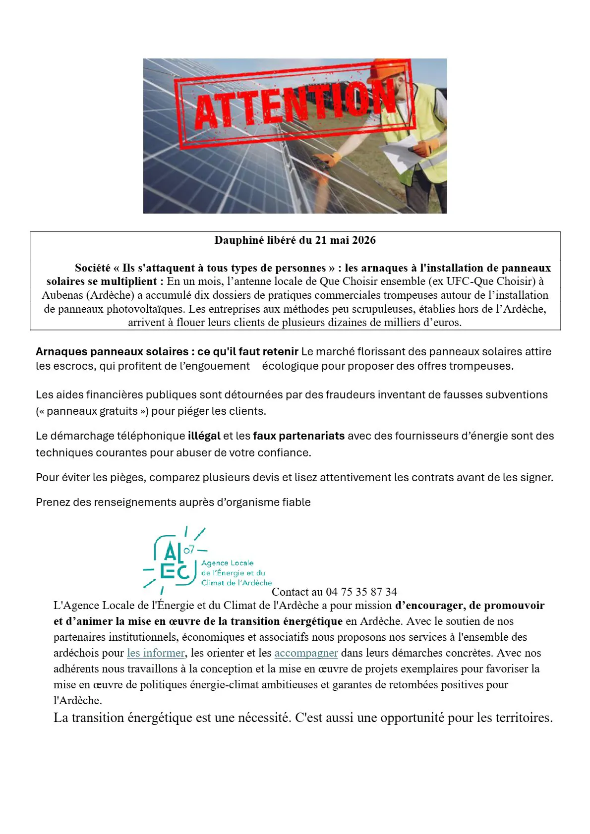 Attention arnaques panneaux solaires