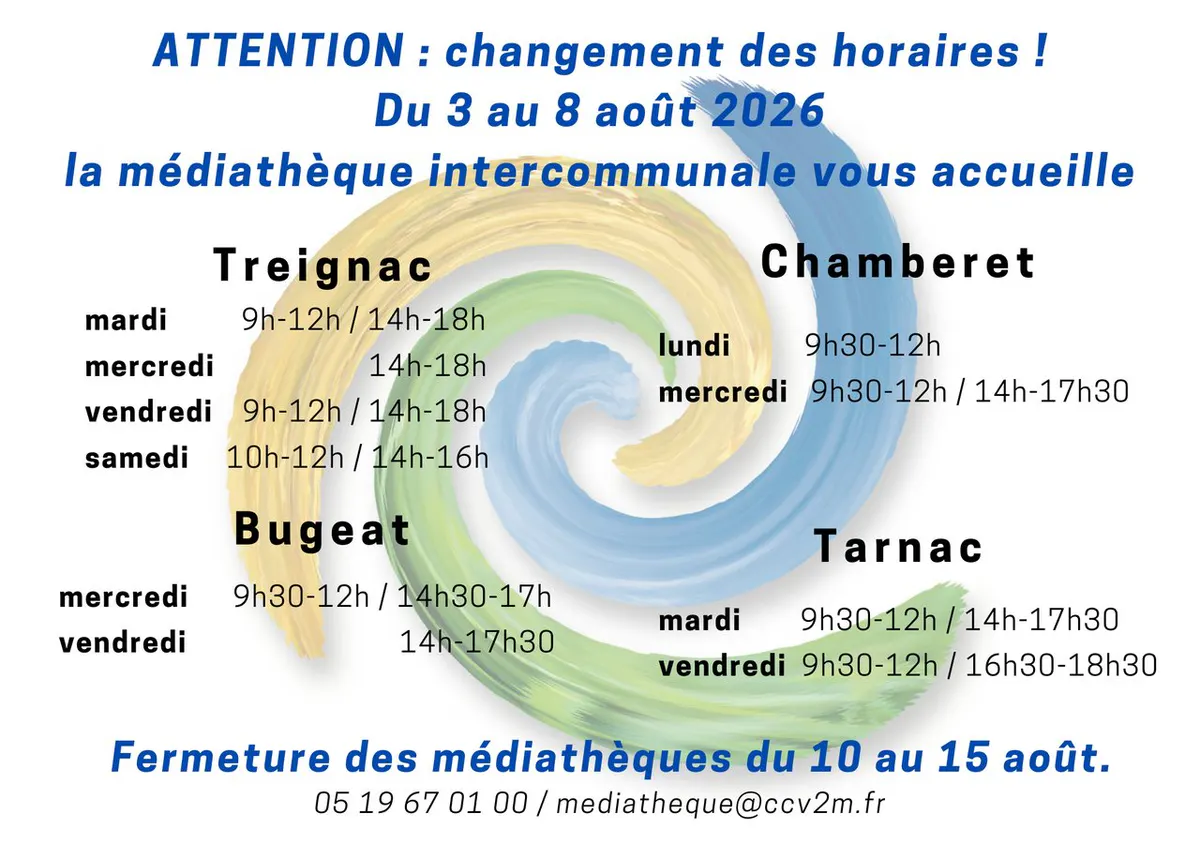 Médiathèque intercommunale -  Information, changement des horaires d'ouverture