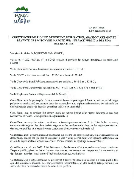 Arrêté permanent n°188 portant sur l'interdiction de détention, utilisation, abandon, cession et revente de protoxyde…