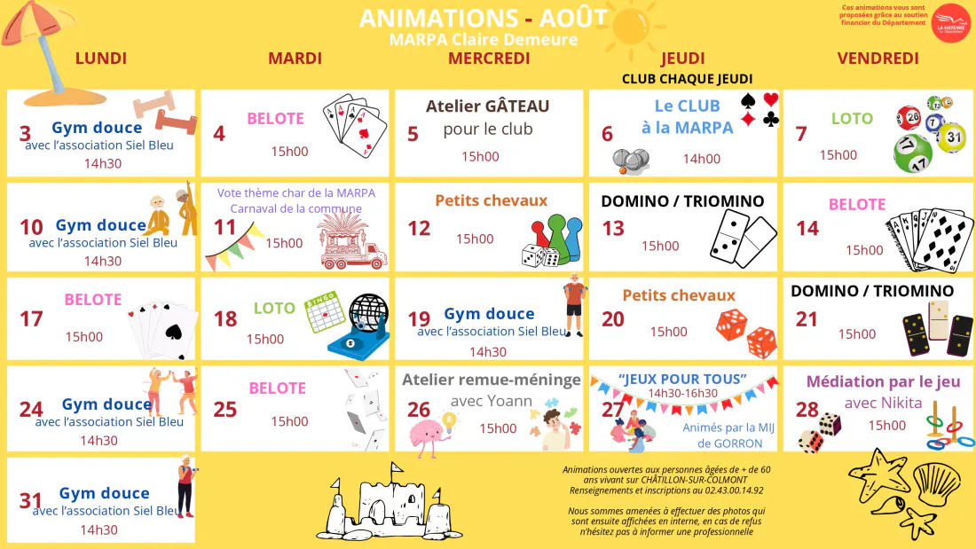 Actualités - MARPA, planning des animations Août - Châtillon sur Colmont