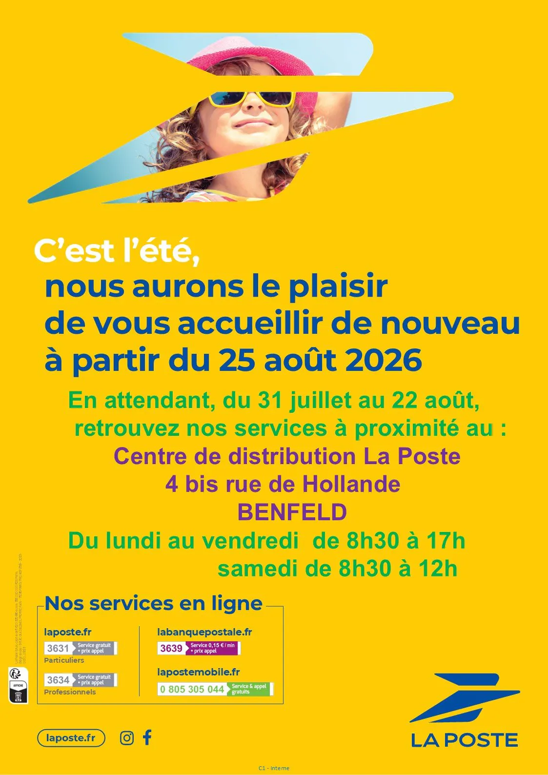 La Poste : Fermeture estivale du bureau de Benfeld ✉️❌ du 31/07 au 24/08/2026