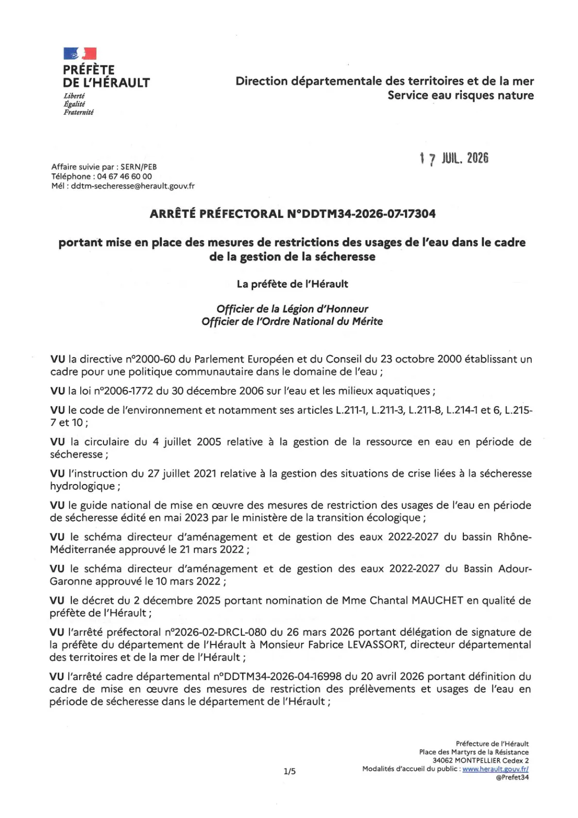 ARRÊTÉ PRÉFECTORAL SÉCHERESSE
