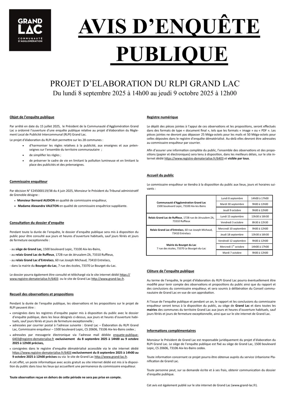 ENQUÊTE  PUBLIQUE PROJET ELABORATION DU RLPI GRAND LAC
