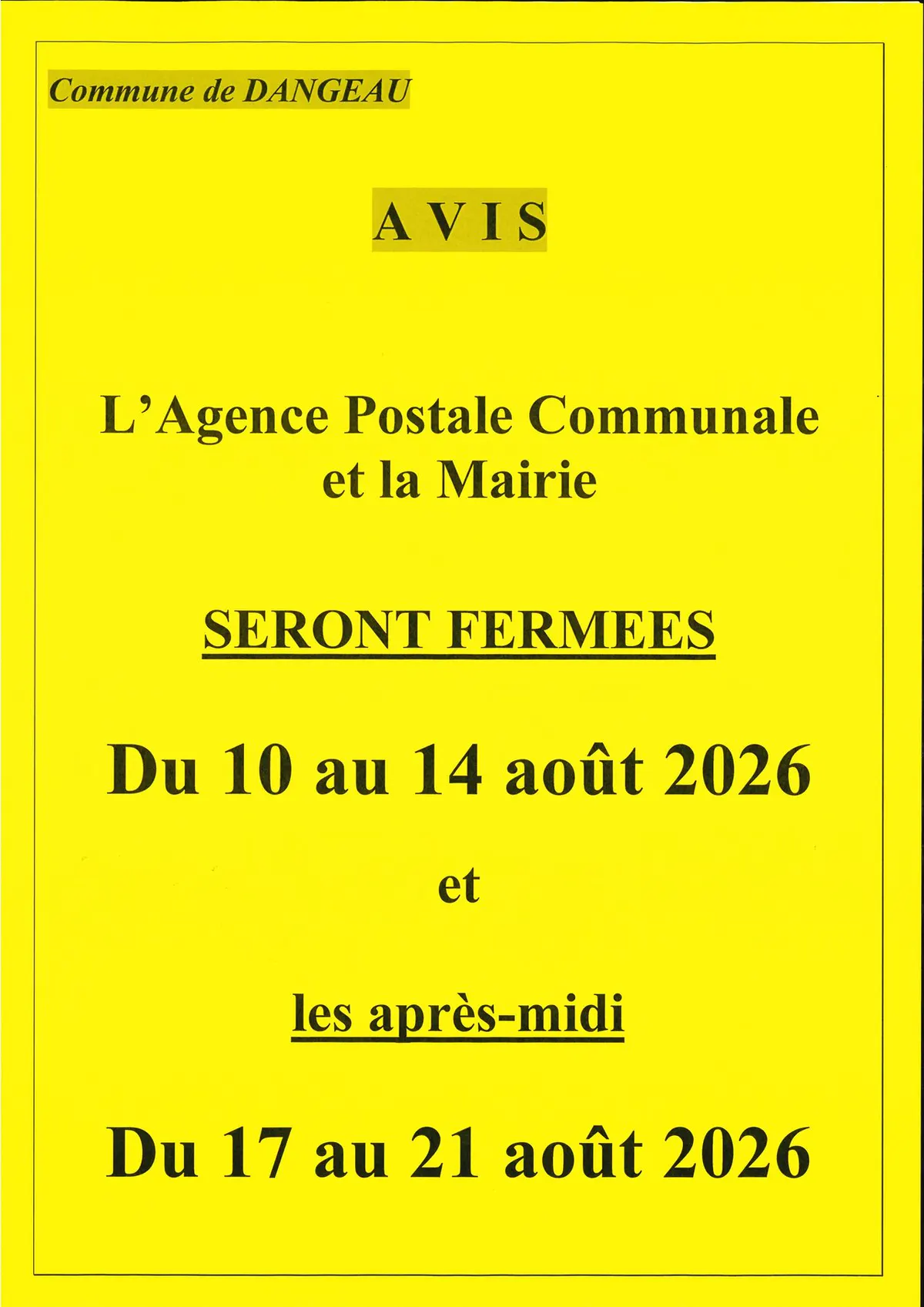 FERMETURE MAIRIE - POSTE DANGEAU