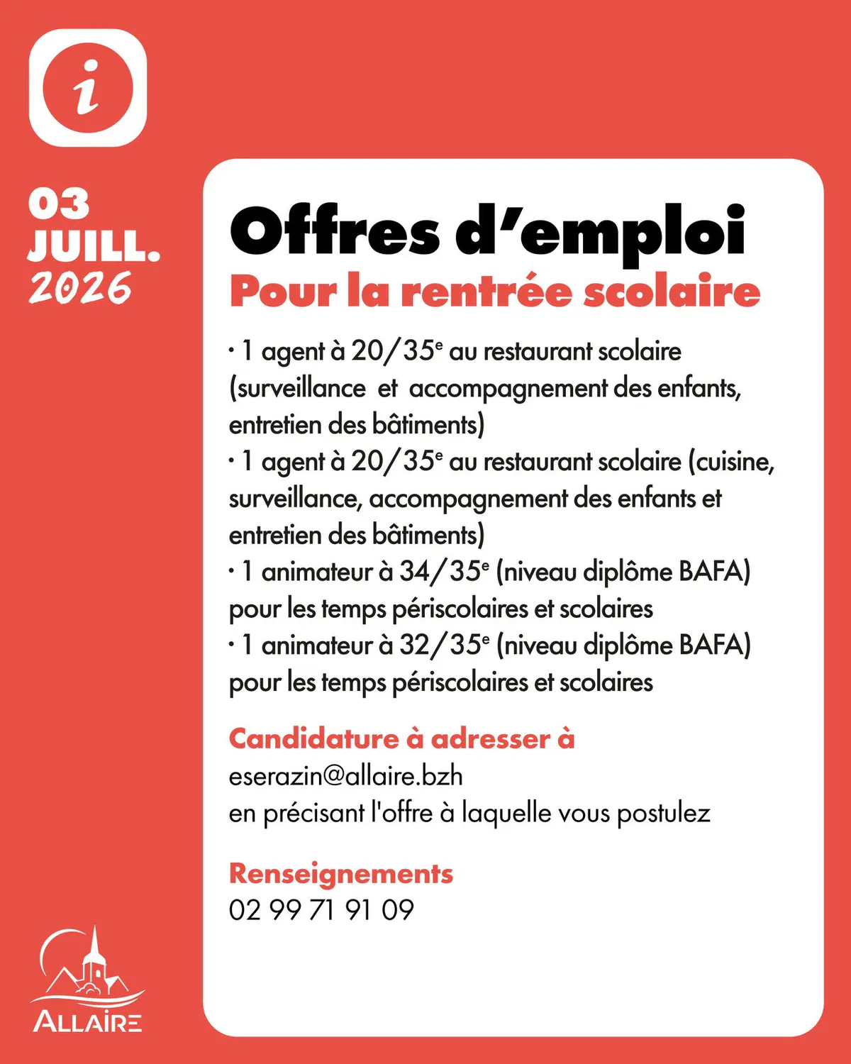 Offres d’emploi pour la rentrée scolaire