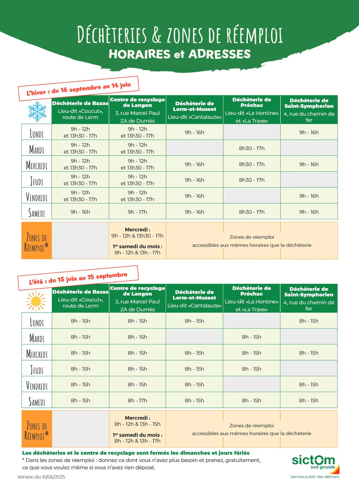 Horaires déchetterie été 2026