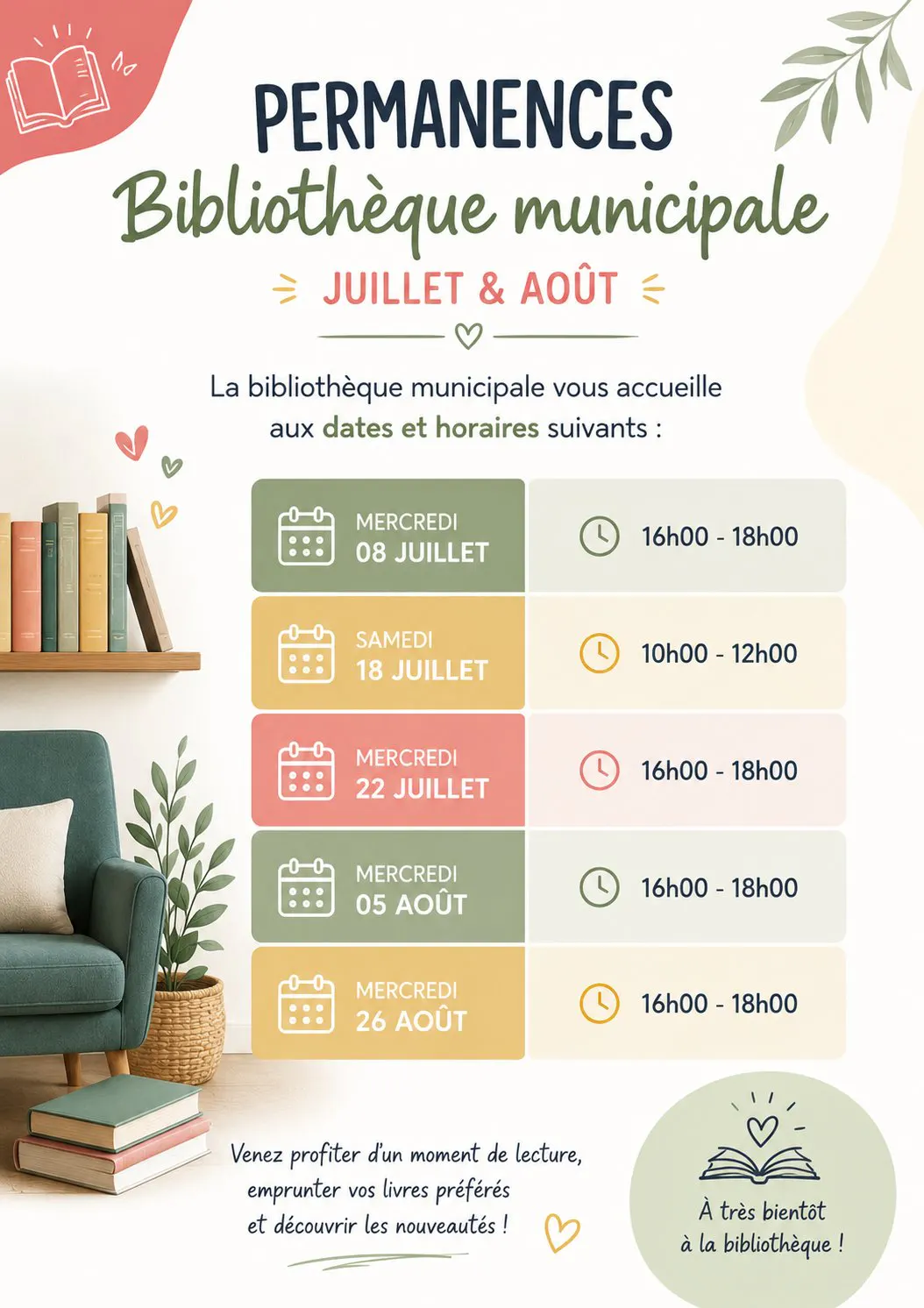 📚 Bibliothèque municipale – Horaires d’été ☀️
