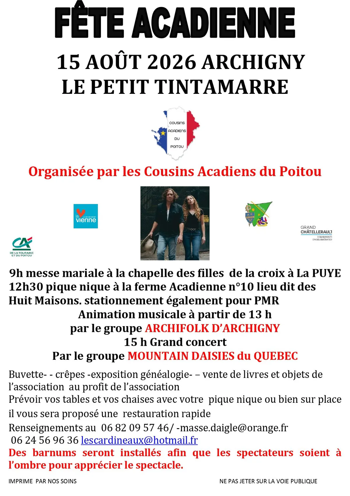 Fête acadienne annuelle du 15 août : rendez-vous à Archigny !