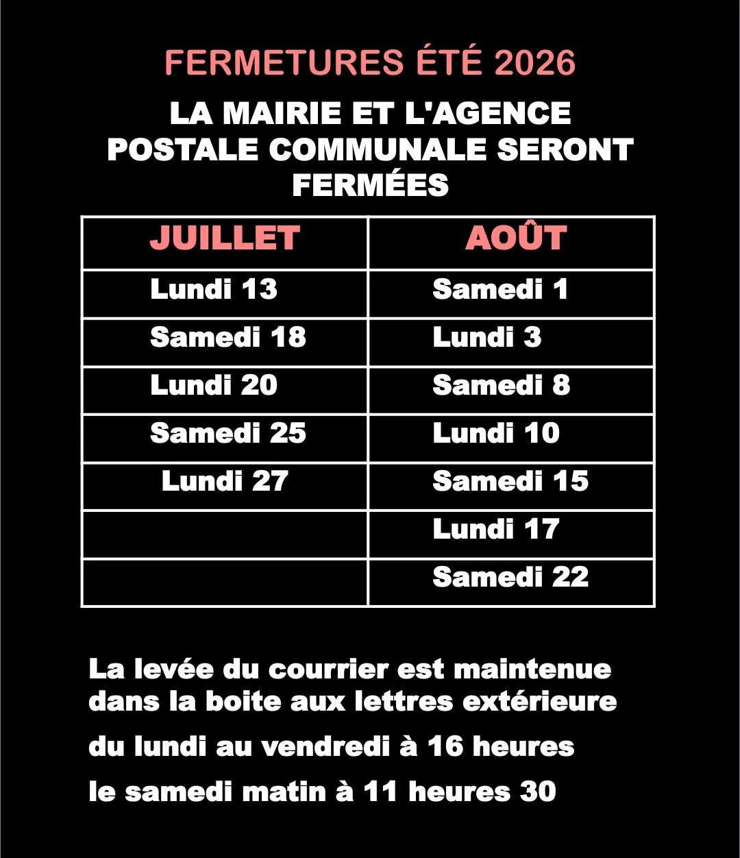 Fermeture de la mairie et l'agence postale