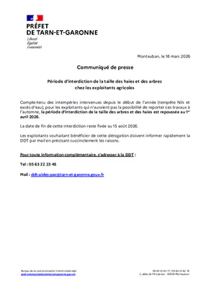 Communiqué > Période d'interdiction de la taille des haies et des arbres chez les exploitants agricoles