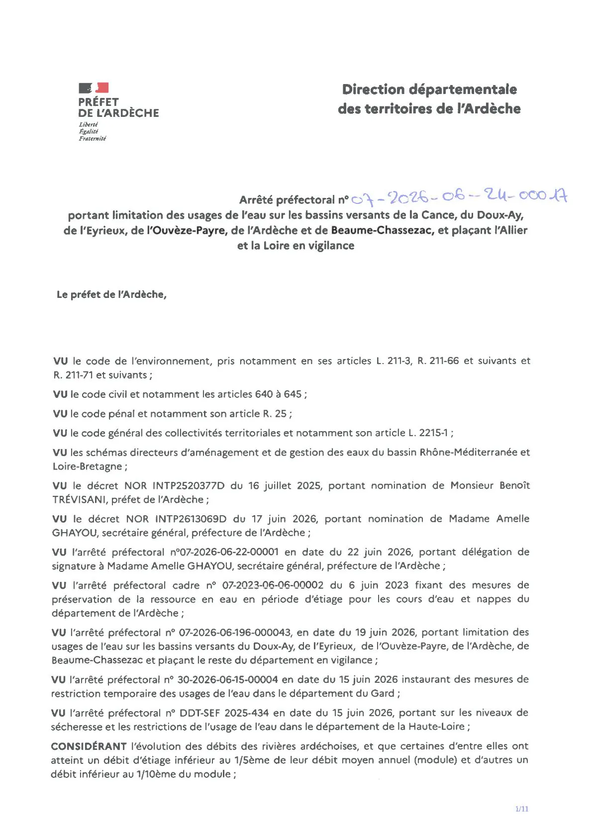 Arrêté préfectoral de restriction d'eau